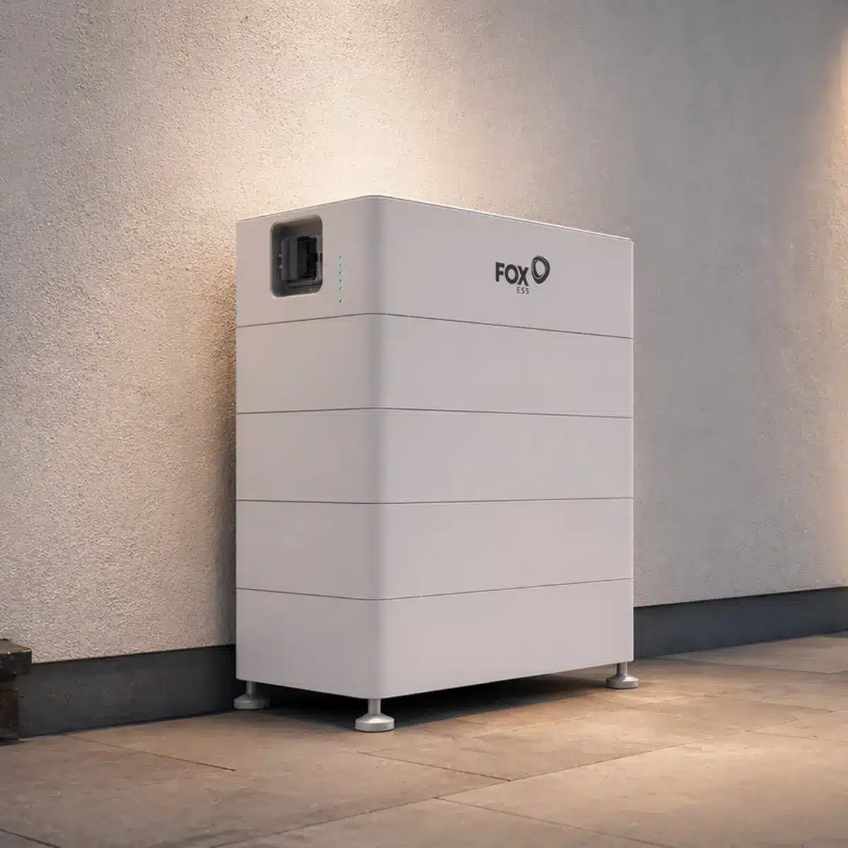 Fox ESS CQ7 home battery storage system installed against an exterior wall