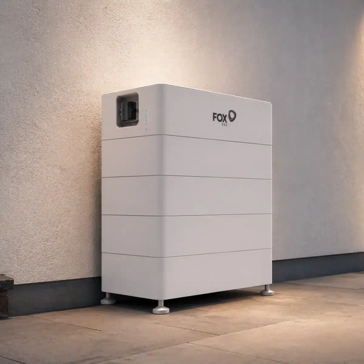 Fox ESS EQ5000 battery storage system installed outdoors beside a wall